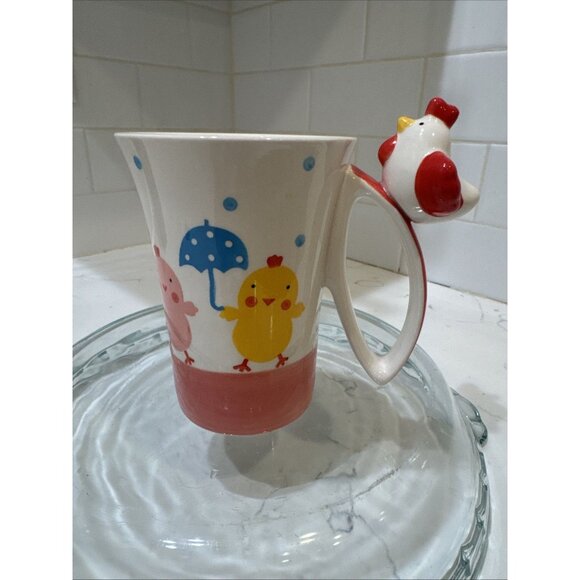 Intra Stoneware 3D Mug Chicken On Handle Chicks & Umbrellas - Picture 1 of 10